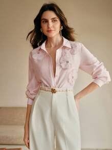 Anewsta 优雅精致的3D立体花卉宽松衬衫，情人节粉色上衣，花朵，优雅，春季 - 粉色 - 查看 5