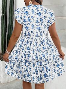 SHEIN LUNE CURVE 大码女式碎花盖袖休闲中长连衣裙 - 白色 - 查看 2