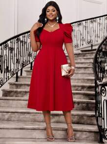 SHEIN Lady Spring And Summer Elegant Commuting Office Party Wedding Cocktail Party Concert/Music Festival Red Knitted Sweetheart Flared Leg-Of-Mutton Sleeve Midi Short Sleeve Plus Size Dresses Birthday&Event Dresses Wedding Dresses Holiday Dresses Summer Outfits For Women Summer Dresses For Women Wedding Guest Dress Women Birthday Outfits For Women Birthday Outfit Women Festival Outfits For Women Concert Outfit Women Cruise Outfits Women Valentine's Day Outfit - Red - View 8