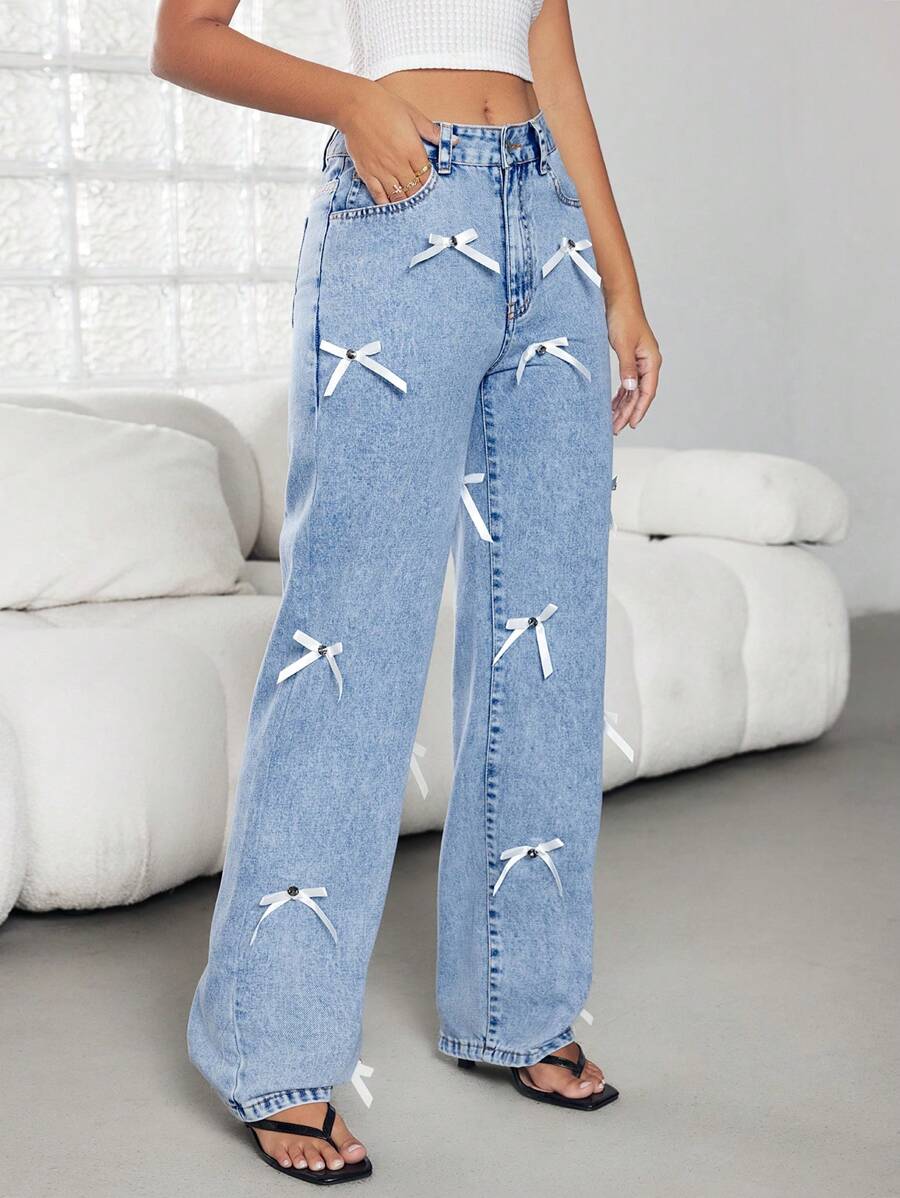 SHEIN ICON 女士休闲直筒牛仔裤 - 藍色 - 查看 1