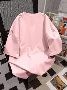 Manfinity Hypemode 男士字母和柠檬印花修身圆领 T 恤，夏季 - 粉色 - 查看 2