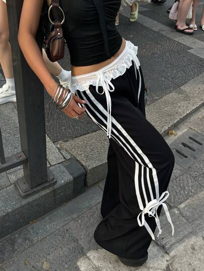 Coolane 女式夏季可爱 Y2K 派对蕾丝蝴蝶结中腰直筒黑色裤子