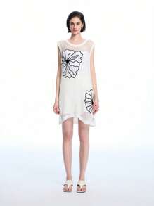 LYSMO Ladies Sleeveless Sweater Dress With Floral Embroidered Hollow-Out Design - White - View 3