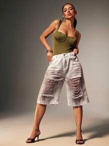 Denimoi Washed And Distressed Denim Jorts, Distressed Jorts, Shorts, Summer Outfits, Vacation Outfits, Fashionable Streetwear - White - View 5