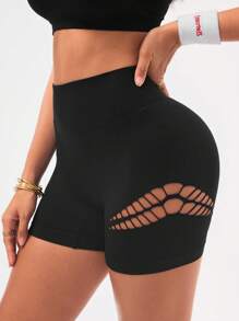 Easithlete Pantalones cortos deportivos de yoga de cintura alta y unicolor con diseño calado para mujeres