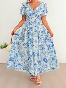 Flirla Vestido de vacaciones de primavera con cuello cuadrado, volantes, cintura ajustada, mangas abullonadas y falda con vuelo y varios niveles, con estampado floral impresionista colorido