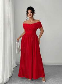 Elenzga Plus Size Women's Off Shoulder Ruched Waist Bandeau Romantic Elegant Graduation Dress, Summer Women Dresses Elegant Gown Women Summer Clothing Women Clothes Women Casual Dress Women Birthday Women Dresses Birthday - Red - View 6