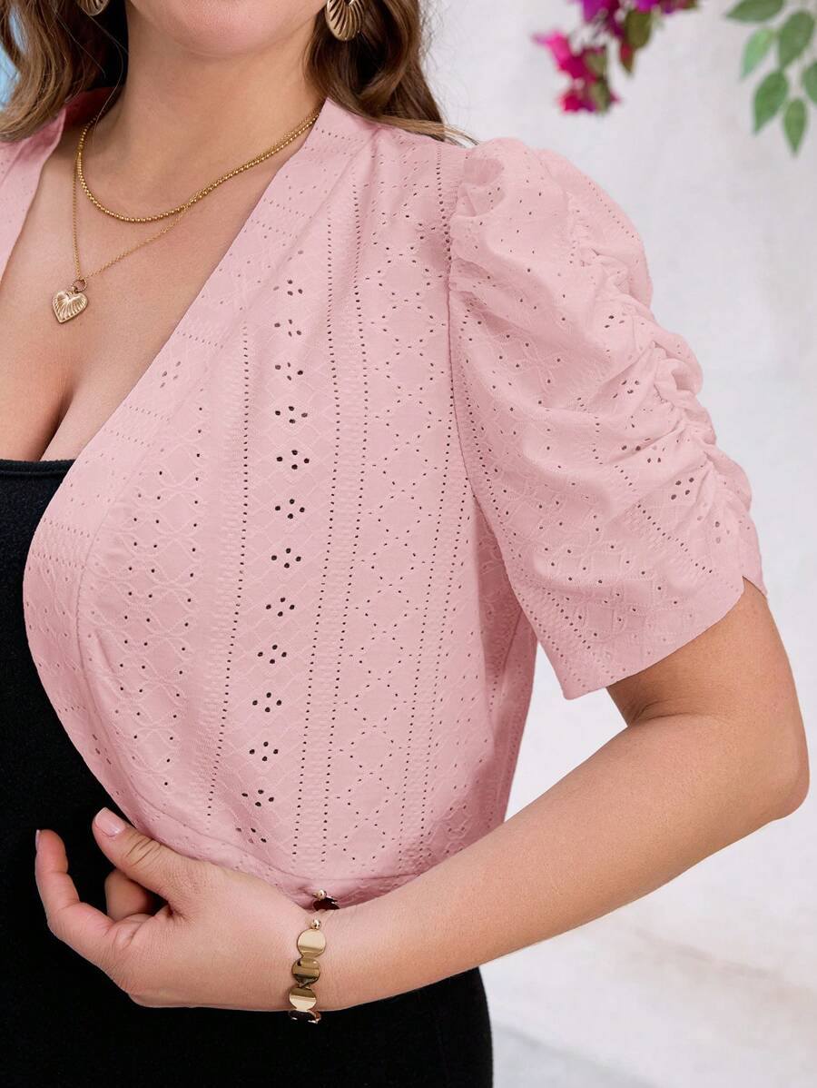 SHEIN Clasi 秋冬大码时尚优雅白色蕾丝短袖前开短款夹克 - 粉色 - 查看 1