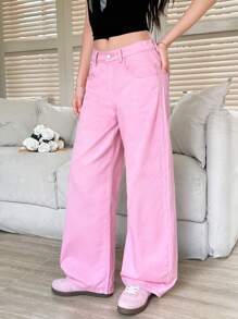 K-Vae Women's Solid Color Pockets Casual Versatile Wide Leg Jeans