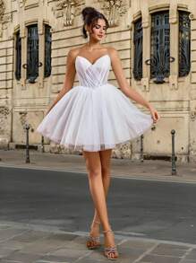 Lovelzi 奢华、优雅、高贵、宫廷风格、白色、闪光、薄纱、褶饰、抹胸、露肩领口、美人鱼廓形连衣裙，适合单身派对、婚礼、毕业季、度假、新娘送礼会礼物、新娘 - 白色 - 查看 3