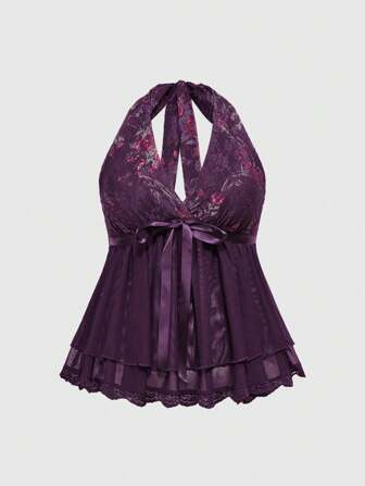 Fairycore Plus Size Retro Floral Lace Print Pinafore Dress With Ribbon Bow, Halterneck Sleeveless Vest