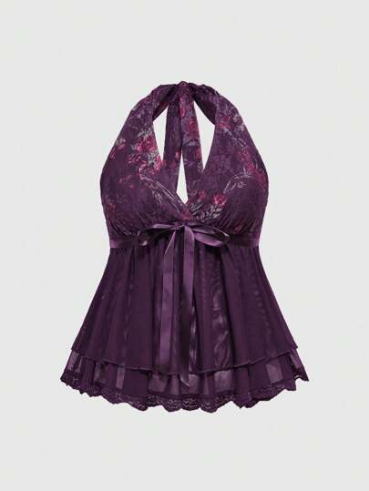 Fairycore Plus Size Retro Floral Lace Print Pinafore Dress With Ribbon Bow, Halterneck Sleeveless Vest