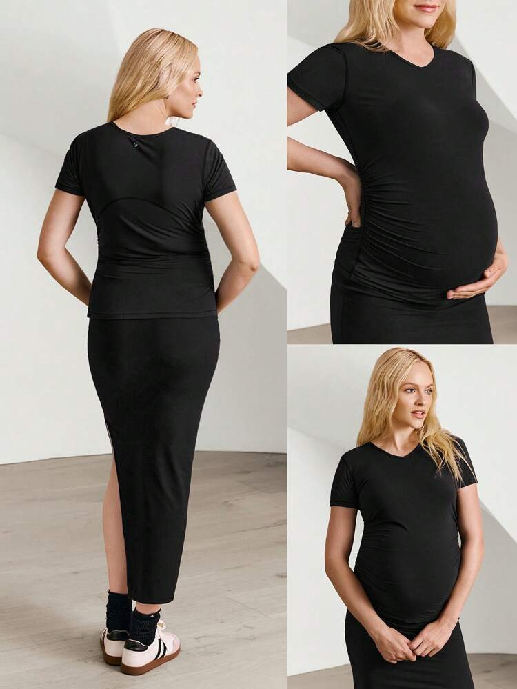 TENCEL™ モーダル素材 マタニティ Vネック Tシャツ、軽量シルキースムーズ サイドプリーツ、低影響ヨガ ピラティス スタジオ デイリーカジュアルウェア
