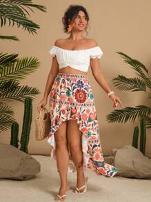 Travachic Saia Casual Estampada com Floral Apricot, Cintura Elástica e Fenda Alta para Mulheres Plus Size, Férias de Verão na Praia de South Beach Santorini, Festa na Piscina, Menina Coco, Férias na Praia, Passeios pela Cidade, Feriados, Vestuário Ocidental - Damasco - Visão 1