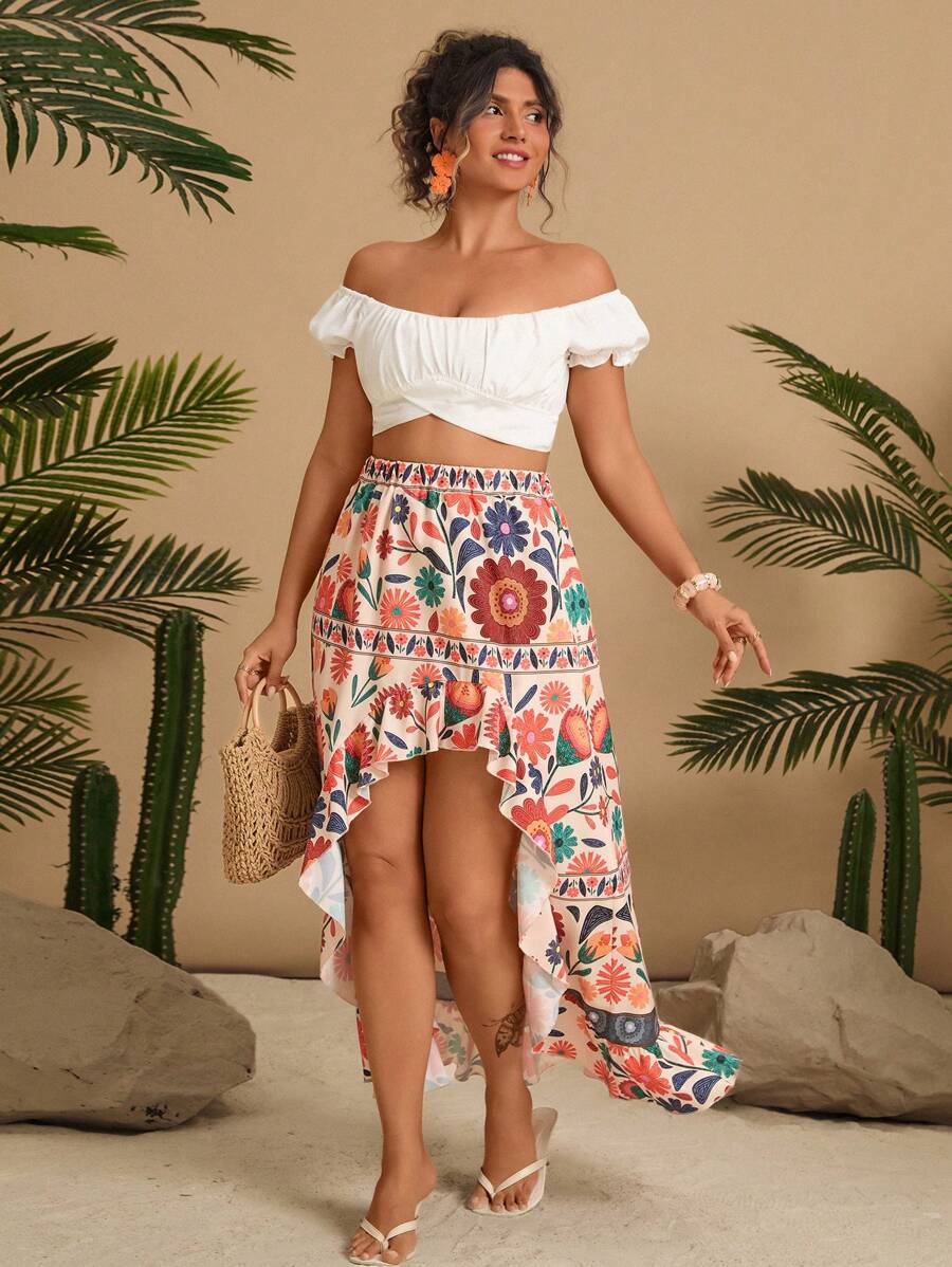 Travachic Saia Casual Estampada com Floral Apricot, Cintura Elástica e Fenda Alta para Mulheres Plus Size, Férias de Verão na Praia de South Beach Santorini, Festa na Piscina, Menina Coco, Férias na Praia, Passeios pela Cidade, Feriados, Vestuário Ocidental - Damasco - Visão 1