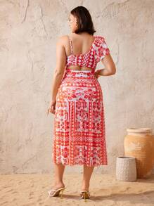 Swim Oasis 加大码女式二合一花卉印花连体泳衣，带长裙，时尚休闲度假沙滩装伊比沙岛服装