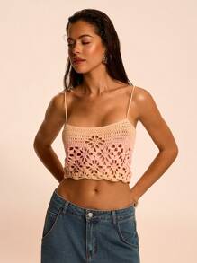 SHEIN BAE Women's Vacation Sexy Hollow Out Knitted Blouse - Pink - View 4