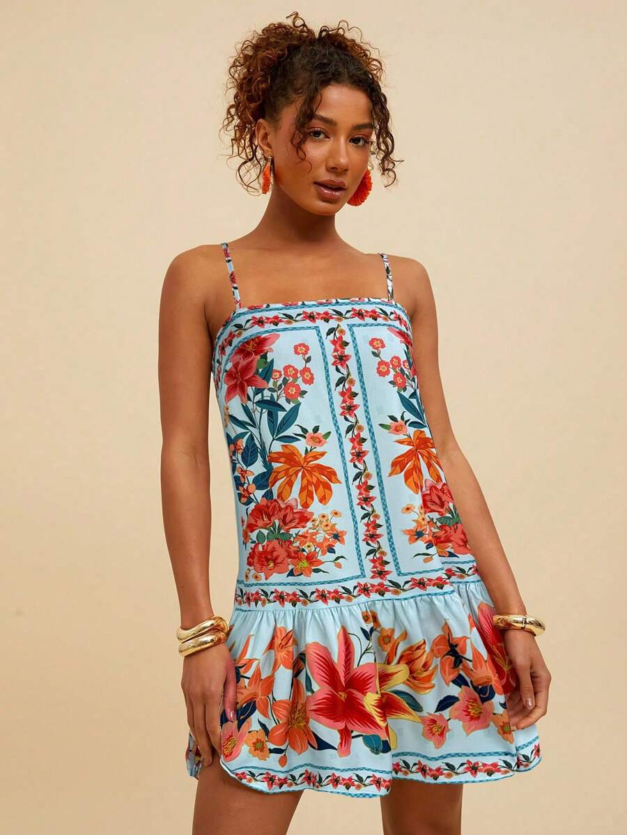Travachic Women's Tropical Floral Print Sleeveless Casual Dress, Spring&Summer,Summer Outfits For Women,Beach Outfits For Woman,Women,Spring Break,Concert Outfit Women,Boho,Rave Outfits,Tropical Vacation, Festival,Romantic Summer Dresses For Women Boho Dresses For Women Tropical Dresses For Women Women Dresses Vacation New Arrivals Women Dress - Blue - View 1