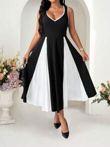 Elenzga Plus Size Women Contrast Color Pleated Sleeveless Dress