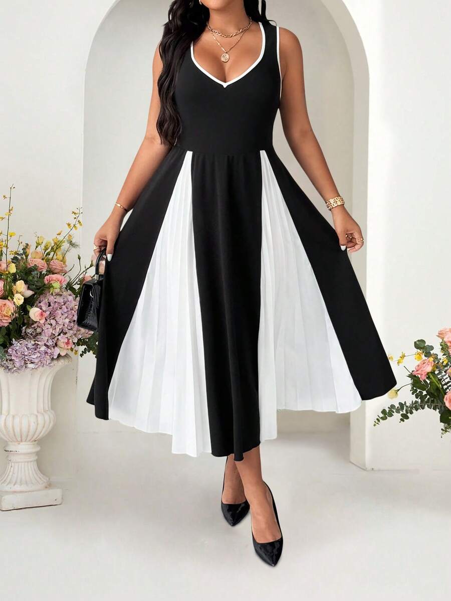Elenzga Plus Size Women Contrast Color Pleated Sleeveless Dress