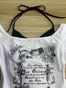 INAWLY 女式标语和花卉印花短袖T恤，夏季 - 白色 - 查看 4