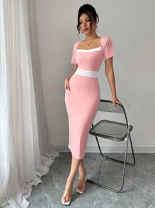 Elenzga Đầm cổ vuông bó màu thanh lịch cho nữ - Màu Hồng baby - Xem 1