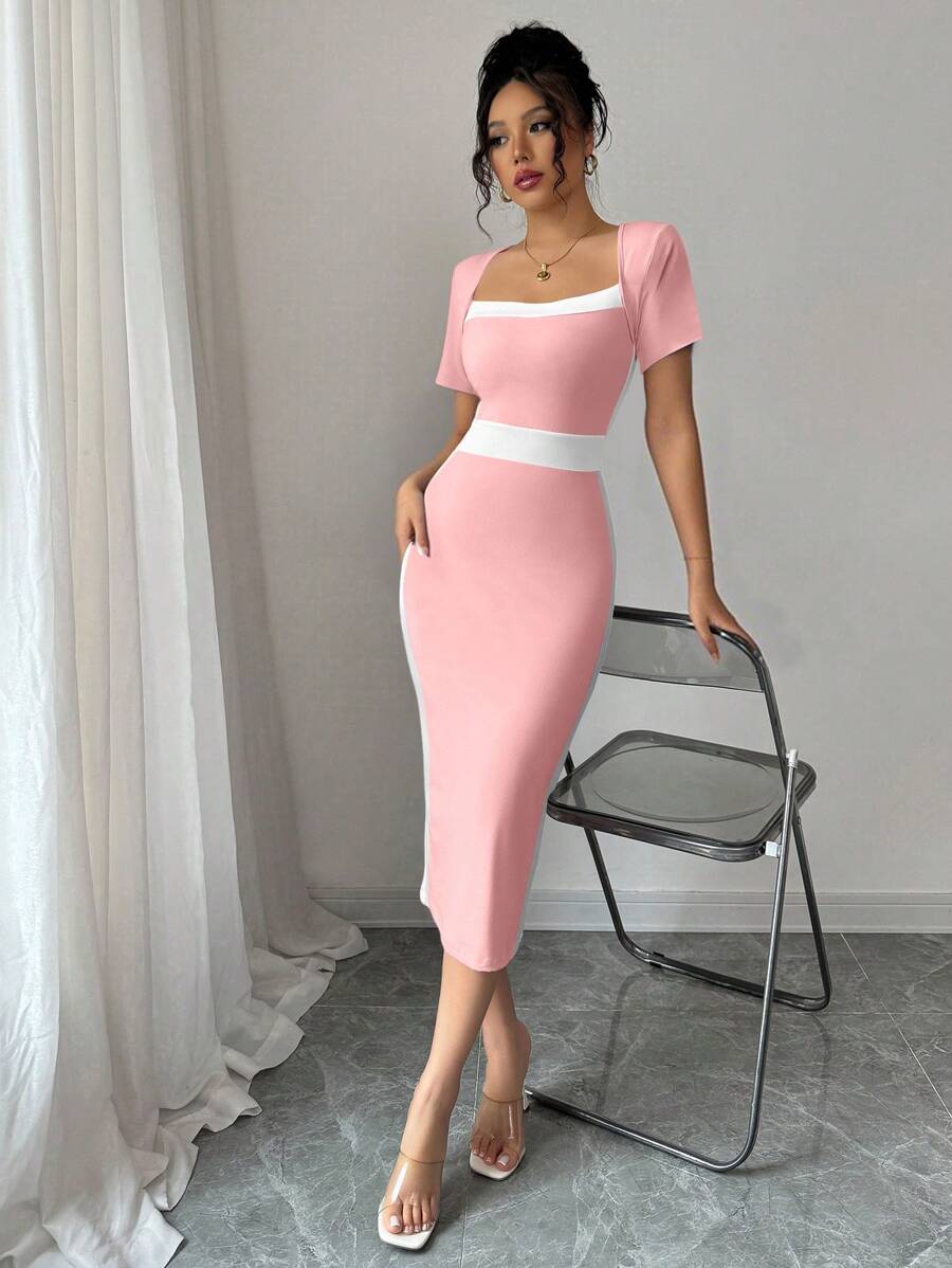 Elenzga Đầm cổ vuông bó màu thanh lịch cho nữ - Màu Hồng baby - Xem 1