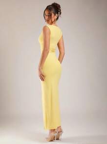 Silquee 女式深V领荷叶边高开衩无袖黄色连衣裙