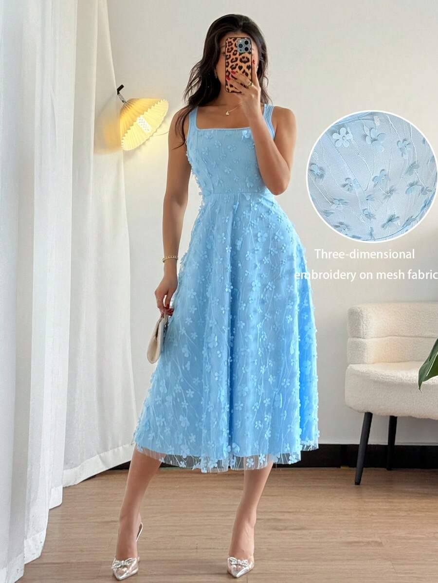 Rafferiza Đầm dự tiệc ngày lễ hàng ngày thời trang và thanh lịch, cổ chữ U, eo cao, không tay, dáng chữ A, thêu lưới ba chiều, hoa màu xanh lam, dành cho nữ, váy dài vừa phải, mùa xuân và mùa hè, váy dự tiệc cho nữ - Màu xanh nhạt - Xem 1