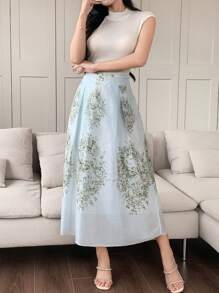 DAZY 两件套女士办公室套装 - 纯色翻领针织上衣和印花半裙套装（复活节款） - 綠色 - 查看 5