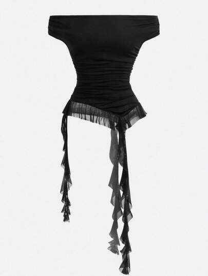 SHEIN Girlism 青少年女孩服装休闲音乐节露肩网眼荷叶边不对称下摆上衣