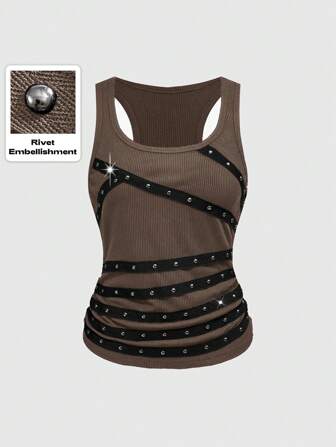 Grunge Punk Débardeur dos nu noir sexy pour femme avec rivets, perles et sangles, idéal pour l'été, la plage, la remise de diplômes, Pâques, les concerts, Nashville, les vacances, les festivals de musique