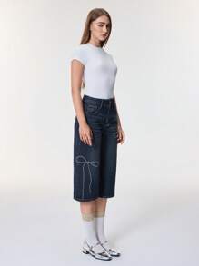 SHEIN Frenchy 女式休闲水洗水钻蝴蝶结宽松牛仔裤 - 藍色 - 查看 5