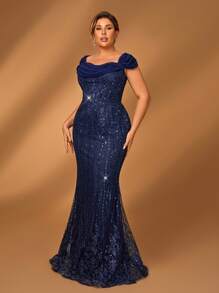 Serin Plus Size Elegant & Luxurious Blue Long Mother Of The Bride Dress With Cap Sleeve, Embroidered Floral & Sequins Details - Navy Blue - View 7