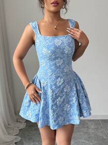 Rafferiza 春夏女式优雅方领、无袖、收腰、褶饰下摆、蓝色纹理提花迷你连衣裙，非常适合毕业典礼、舞会、派对、节日、度假