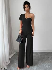 Chiquease 法式单肩阔腿连体裤，荷叶边下摆，高腰，凸显女性魅力