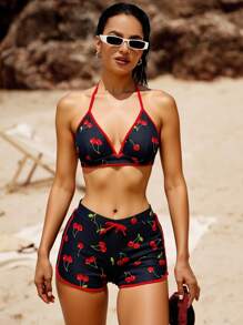 Swim Vcay 2件組女款泳衣套裝，夏季清新櫻桃水果圖案，可調節掛脖綁帶式，適用海灘、泳池、休閒、派對、度假，春夏款 - 彩色 - 查看 1