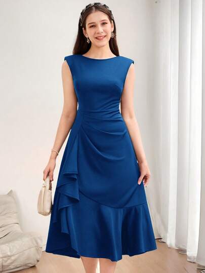 SHEIN Teen Girl's Solid Color Sleeveless Ruffle Lace Trim Snug Fit Dress Long Evening Dresses,Elegant,,Party,Date,Important Family Gathering