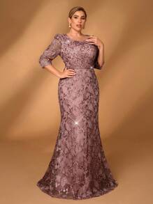 Serin 大码优雅浪漫串珠水晶缀饰蕾丝中袖鱼尾礼服，适合舞会、婚礼、晚会、新娘母亲礼服