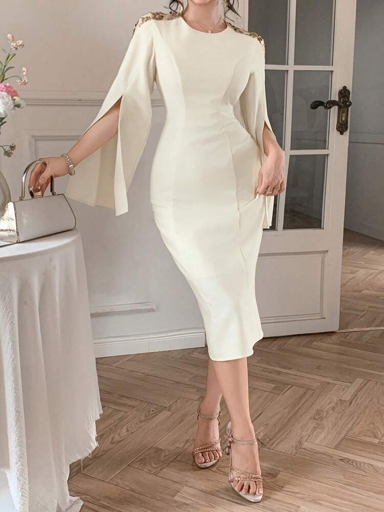 Elegant Sequin & Bead Decorated 2-In-1 Cloak Dress, Fitted Women's Evening Gown For Wedding, Banquet,Fall Dress Long Sleeve Dress Carnival