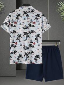 Manfinity Homme Conjunto de camisa polo de manga corta con estampado + pantalones cortos a juego, de moda para el verano para hombre