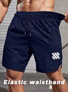 Gym Rark Men's Geometric Print Drawstring Waist Pocket Sports Shorts Workout Clothes Running Shorts - Navy Blue - View 3