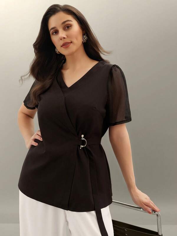 Flouryn Damen Große Größen elegante einfarbige Chiffon V-Ausschnitt Kurzarm Metall Perlen Taille Schleife Bluse