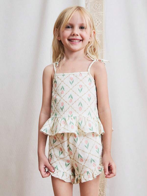 THE HAPPY LOOK Young Girls Vintage Boho Plaid Print Ruffle Trim Camisole And Shorts Co-Ord Set, Summer