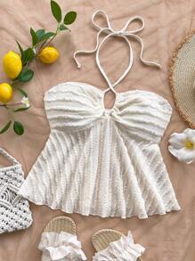 Soleia 女士米色纹理 V 领露背系腰 A 字休闲吊带上衣，适合度假、派对、约会、下午茶、海滩、夏季 - 杏色 - 查看 7