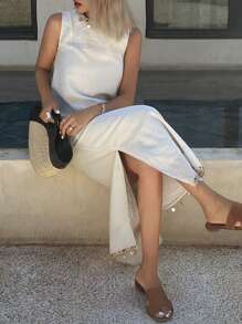 Livesso Conjunto de 2 piezas de top de tirantes casual de lino y falda de largo medio, para primavera/verano