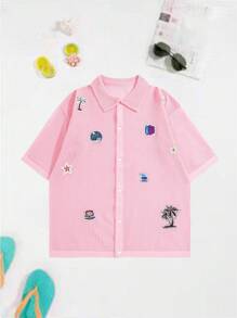 Surfspeed Camisa de punto de manga corta con botones y estampado de palmeras para hombre - Rosa - Ver 1