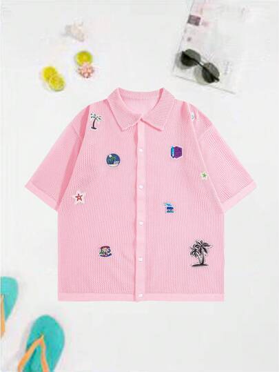 Manfinity Swimmode MEN Street Life Men's Loose Knit Shirt, Knit Short Sleeve Top, Vacation