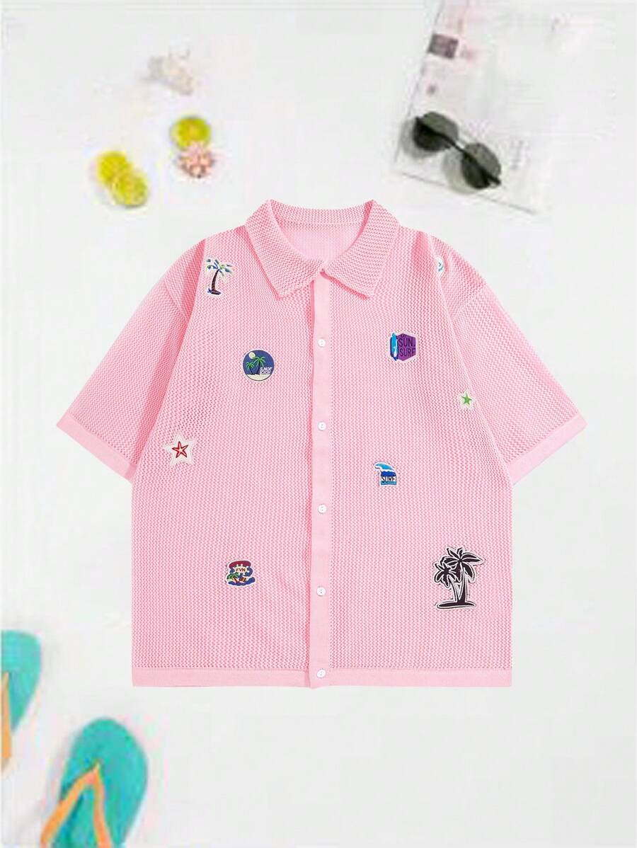 Surfspeed Camisa de punto de manga corta con botones y estampado de palmeras para hombre - Rosa - Ver 1