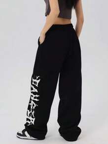 INAWLY Plus Size Casual Letter Print Drawstring Waist Sweatpants Graduation,Back To School,Graduation,Teacher,Back To School Fall - Black and White - View 2